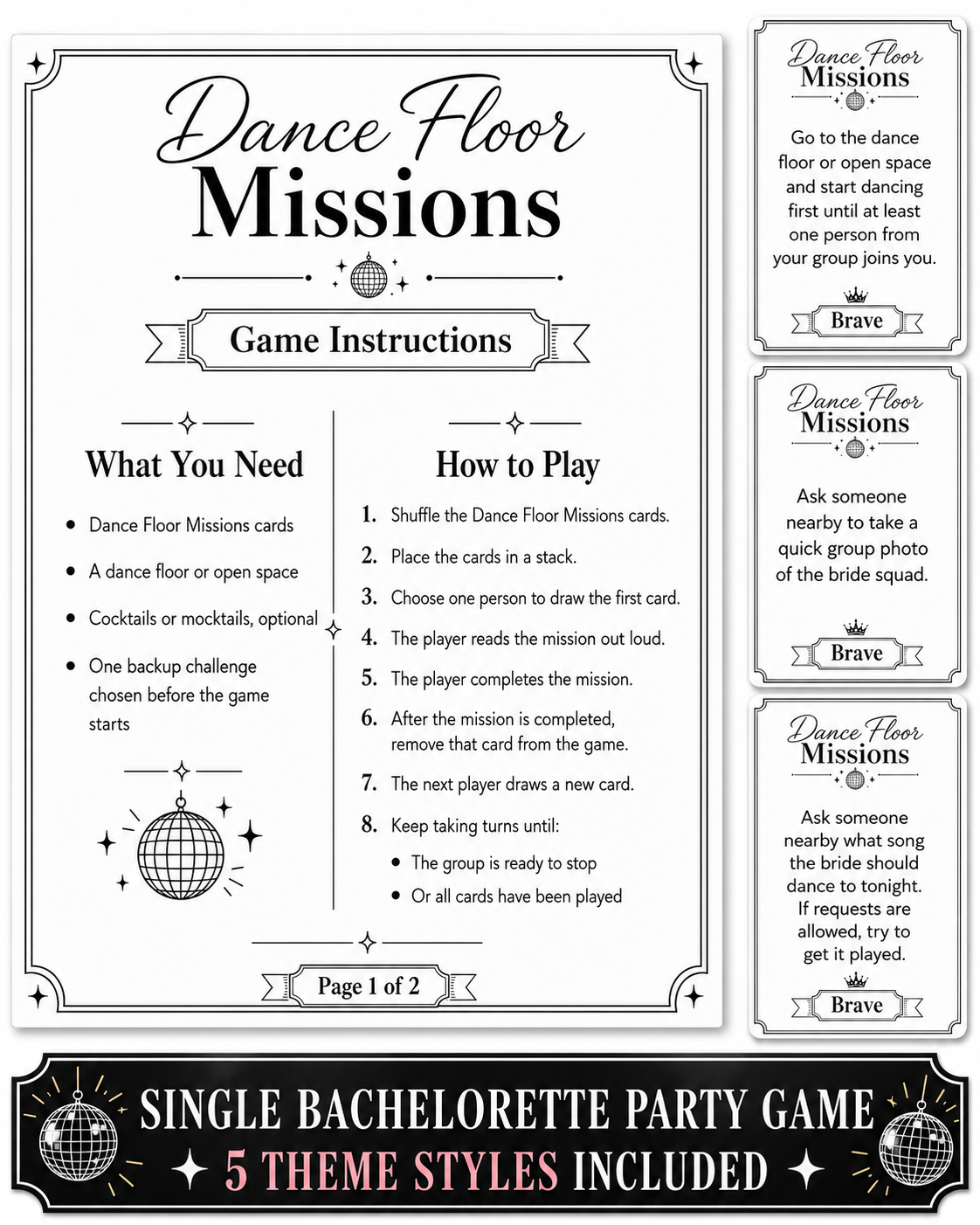 Dance Floor Missions Single Printable Bachelorette Game - 5 Different Themes