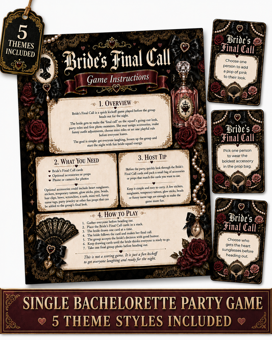 Bride’s Final Call Single Printable Bachelorette Game - 5 Different Themes