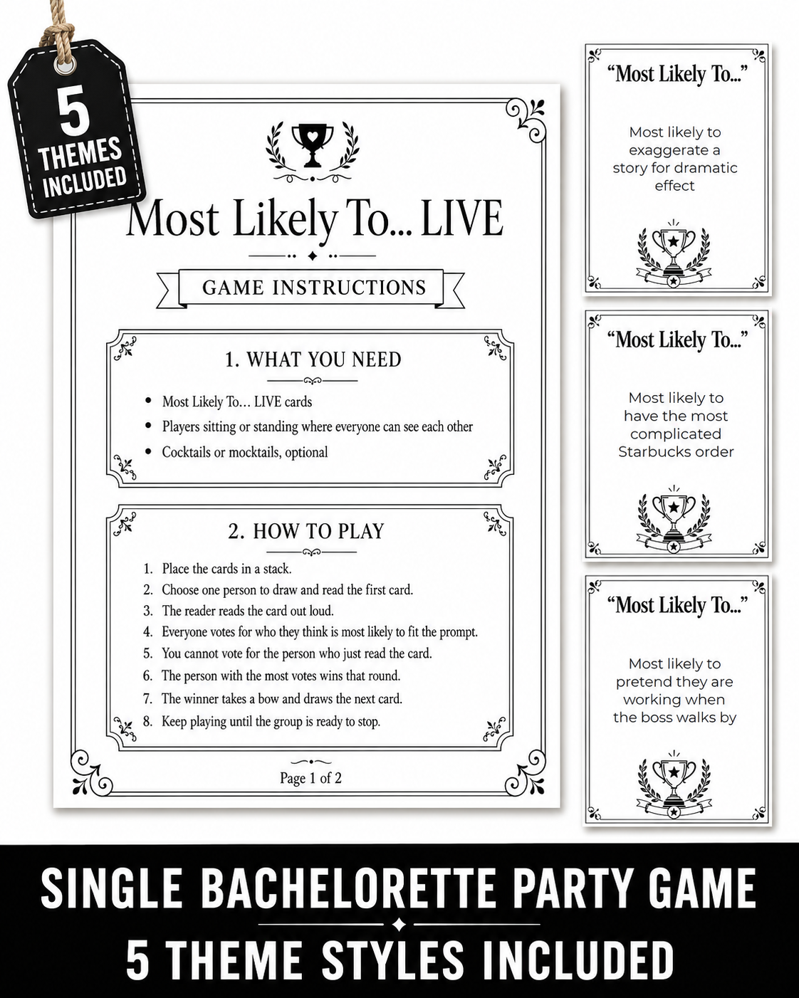 Most Likely To… LIVE Single Printable Bachelorette Game - 5 Different Themes