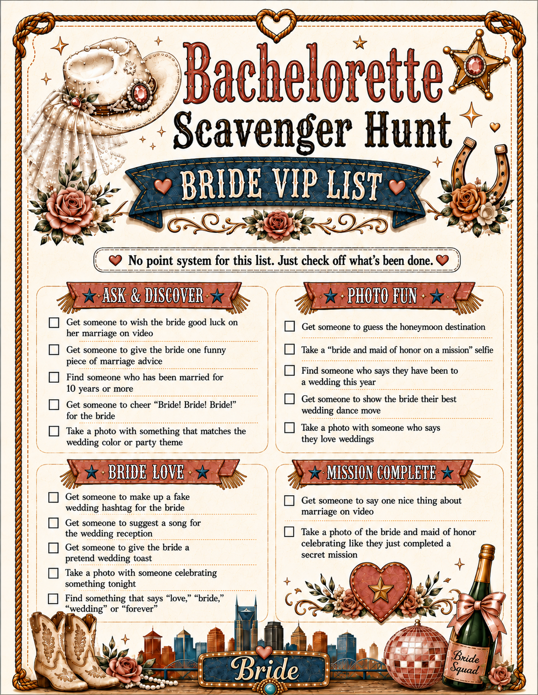 Scavenger Hunt Single Printable Bachelorette Game - 5 Different Themes