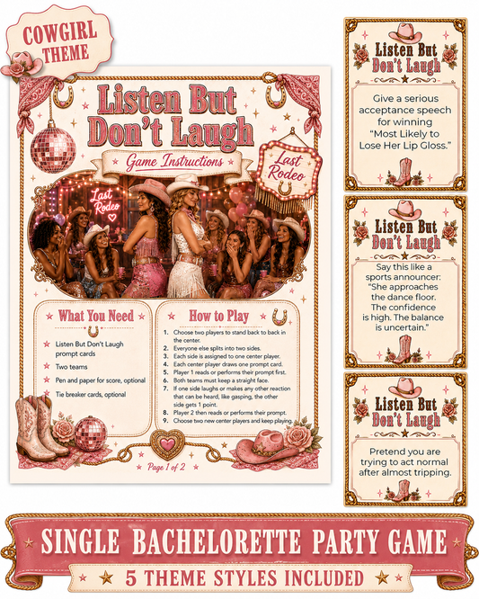 Listen But Don’t Laugh Single Printable Bachelorette Game - 5 Different Themes