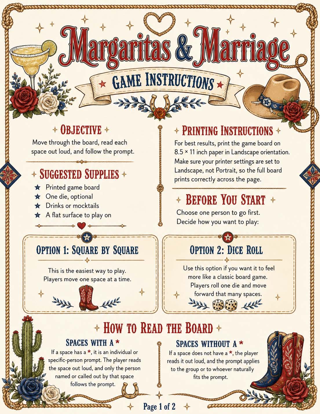 Margaritas & Marriage Board Game - Printable Bachelorette Game - 5 Different Themes