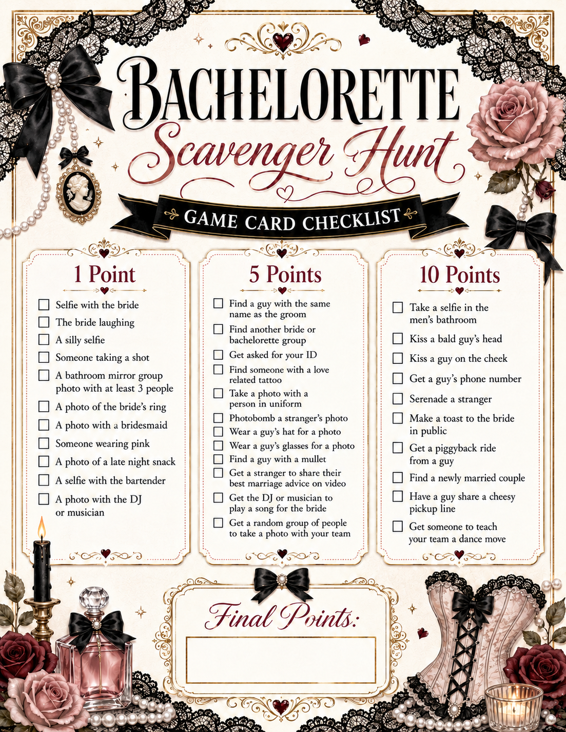 Scavenger Hunt Single Printable Bachelorette Game - 5 Different Themes