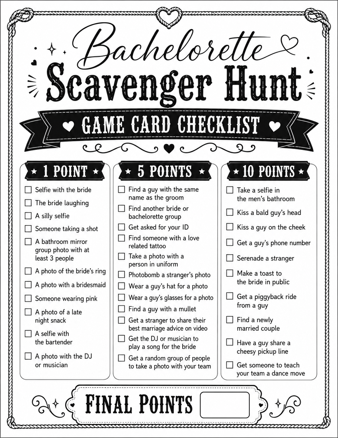 Scavenger Hunt Single Printable Bachelorette Game - 5 Different Themes