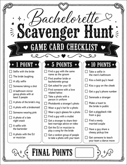 Scavenger Hunt Single Printable Bachelorette Game - 5 Different Themes