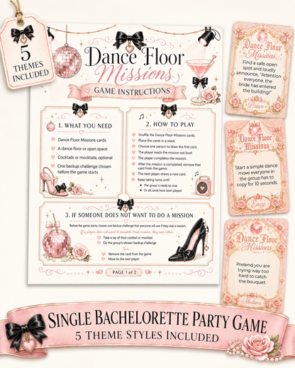 Dance Floor Missions Single Printable Bachelorette Game - 5 Different Themes