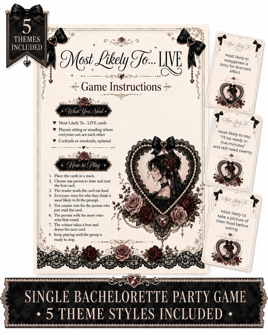 Most Likely To… LIVE Single Printable Bachelorette Game - 5 Different Themes
