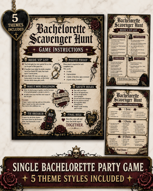 Scavenger Hunt Single Printable Bachelorette Game - 5 Different Themes