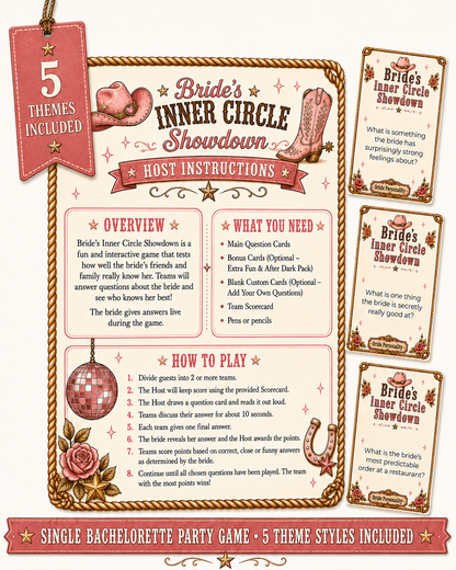 Bride’s Inner Circle Showdown Single Printable Bachelorette Game - 5 Different Themes