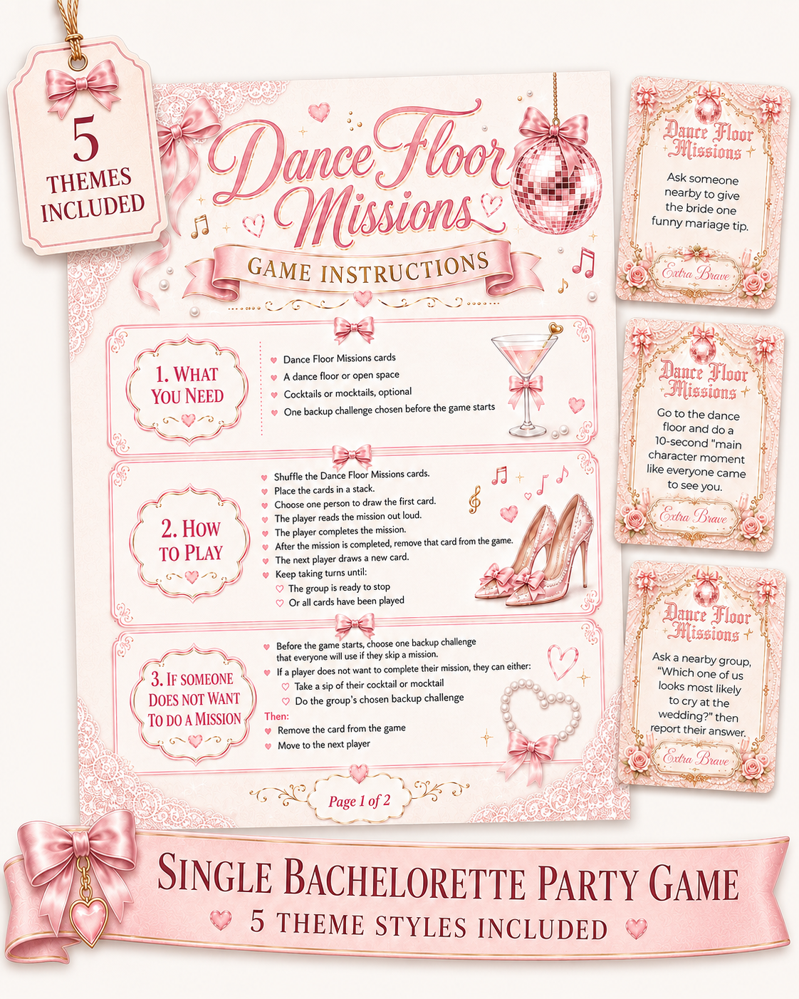 Dance Floor Missions Single Printable Bachelorette Game - 5 Different Themes