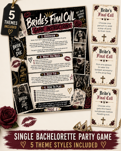 Bride’s Final Call Single Printable Bachelorette Game - 5 Different Themes