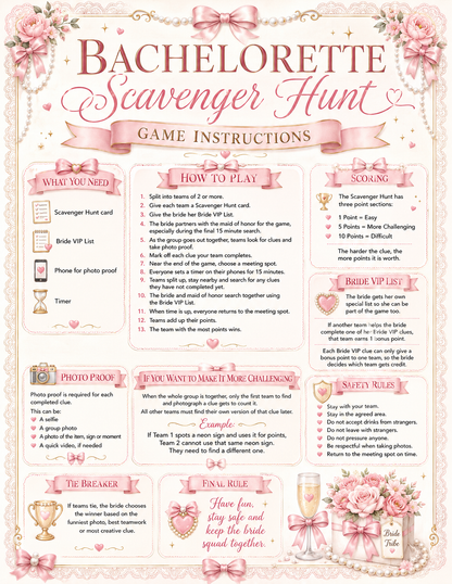 Scavenger Hunt Single Printable Bachelorette Game - 5 Different Themes