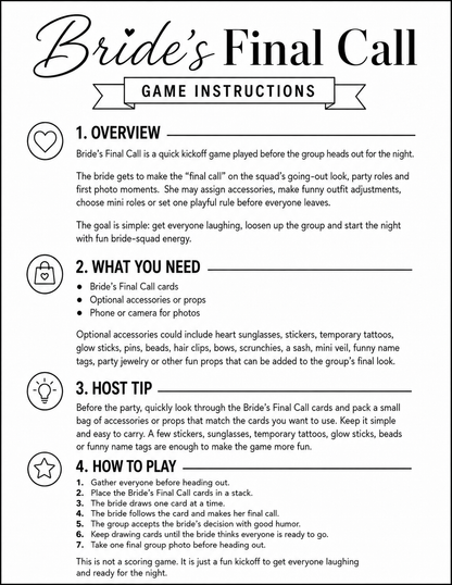 Bride’s Final Call Single Printable Bachelorette Game - 5 Different Themes