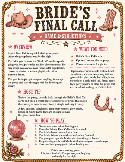 Bride’s Final Call Single Printable Bachelorette Game - 5 Different Themes