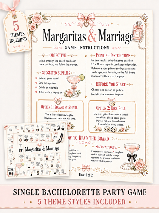 Margaritas & Marriage Board Game - Printable Bachelorette Game - 5 Different Themes
