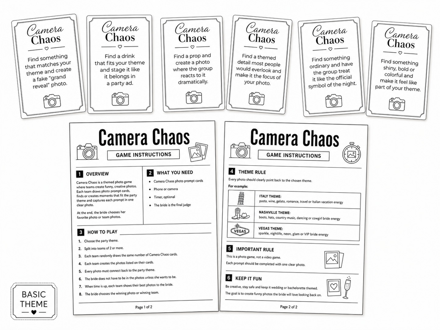 Camera Chaos Single Printable Bachelorette Game - 5 Different Themes