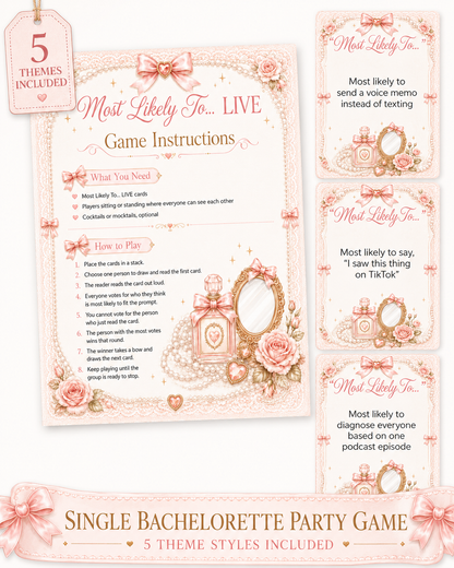 Most Likely To… LIVE Single Printable Bachelorette Game - 5 Different Themes